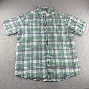 Weatherproof Vintage Washable Linen Shirt Mens L Green Blue Plaid Short Sleeve